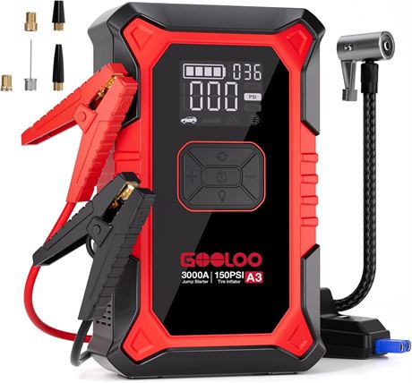 GOOLOO A3 Jump Starter with Air Compressor, 3000A, 150 PSI Tire Inflator