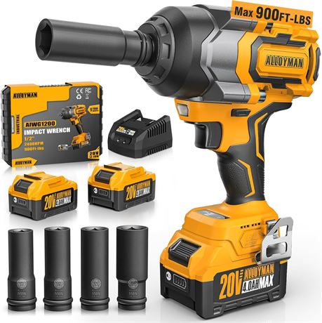 Cordless 1/2" Brushless Impact Wrench 900Ft-lbs 20V with 4.0Ah Battery