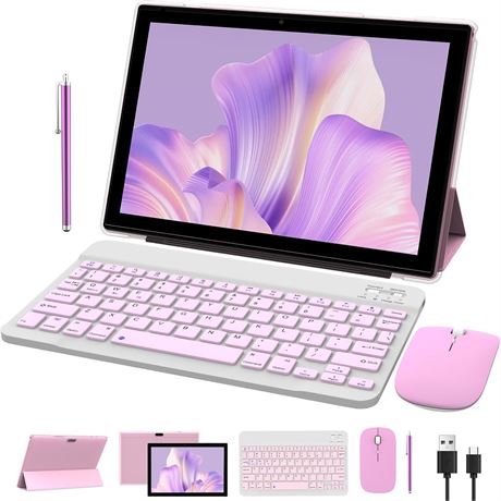 NOVOJOY 10' Tablet, Android 15, 32GB+8GB, Keyboard, Mouse, Stylus, Pink
