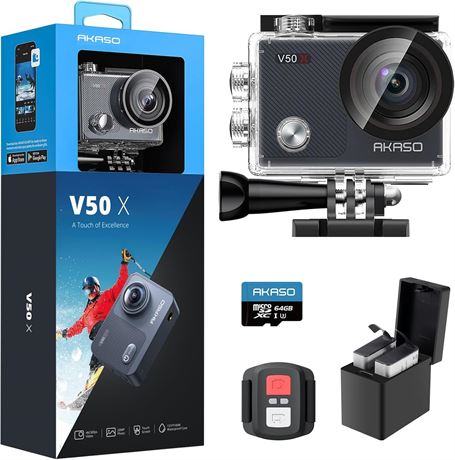 AKASO V50X 4K30fps Action Camera, EIS, 4X Zoom, Waterproof, External Mic Support