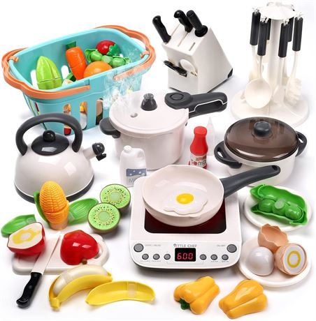 CUTE STONE Pretend Play Kitchen with Cookware, Induction Cooktop & Utensils