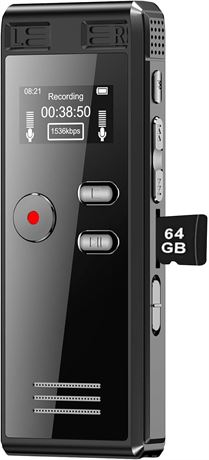 64GB Digital Voice Recorder, 4552 Hours, Dual Mic, Playback & MP3 Player