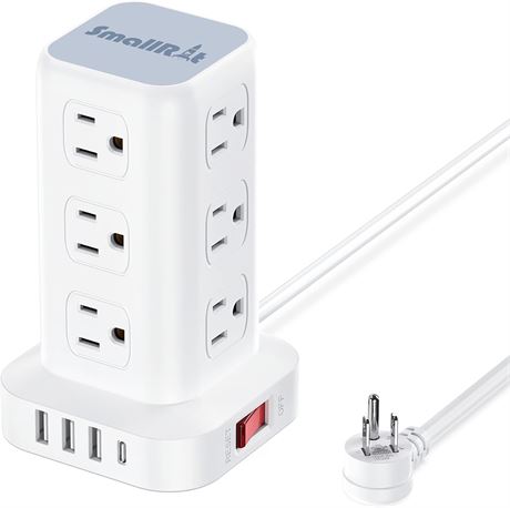 Power Strip Tower, 12 Outlets, 4 USB (1 USB-C), Flat Plug 6FT Cord