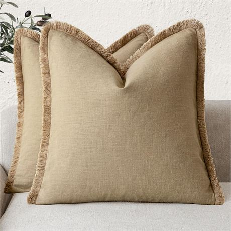 Foindtower 2-Pack Linen Fringe Throw Pillow Covers 20x20”, Light Khaki