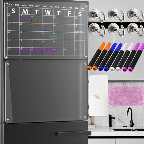 Acrylic Magnetic Dry Erase Board Set for Fridge, 16"x12" with Markers & Hooks.