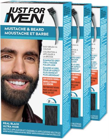 Just For Men Beard Dye 3 Pack Black M-55 Aloe Biotin Coconut Oil Brush-In Kit