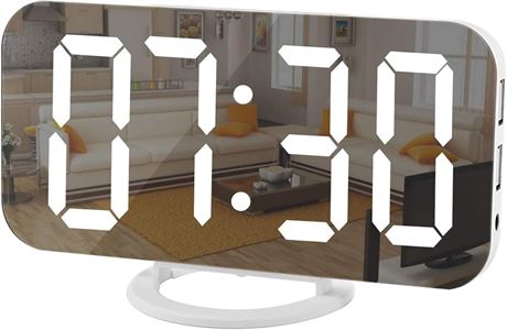 SZELAM LED Digital Mirror Clock, 3 Brightness Levels, Dual USB Ports, White