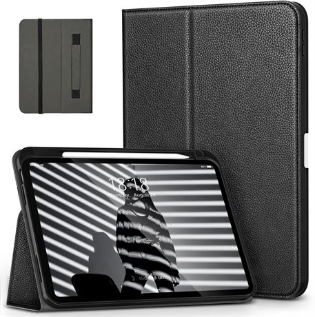 DTTO iPad 10th Gen Case - Pencil Holder, Premium Leather, Auto Wake/Sleep, Black