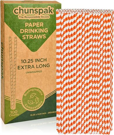 Orange Striped Paper Drinking Straws, 10.25" Long, 100 Pack Eco-Friendly
