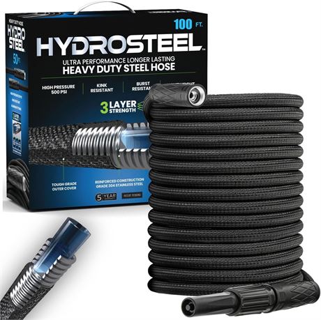 HYDROSTEEL 30m Stainless Steel Garden Hose with Nozzle 500 PSI