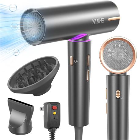 YASHE Hair Dryer with Diffuser, 1400W Brushless Motor, 4 Temps 3 Speeds