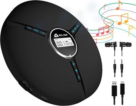 KLIM Discman Portable CD Player, Built-in Battery, 5 EQ, Black