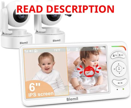 Blemil 6in Baby Monitor with 2 Cameras, 4000mAh Battery, Split Screen PTZ