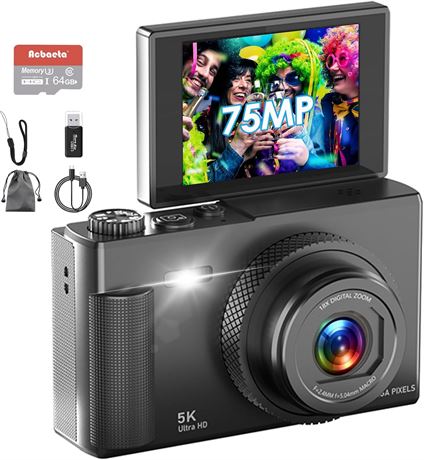 5K Camera, 75MP, 32GB TF, 18x Zoom, AF, Anti-Shake, 2.83' LED Screen