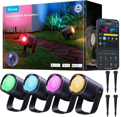 Govee Outdoor Spot Lights 2, IP67, Matter/Alexa/Google, RGBWIC, 4 Pack