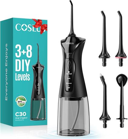 COSLUS Water Dental Flosser Picks, 4 Modes, Cordless 300ML Tank, IPX7, Black