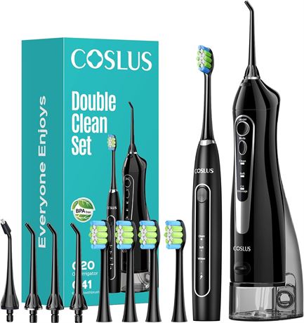 COSLUS Portable Water Flosser & Electric Toothbrush 2-in-1 Oral Care Kit - Black
