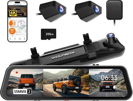 WOLFBOX G900 3-Channel 4K Mirror Dash Cam 256GB GPS Voice Control