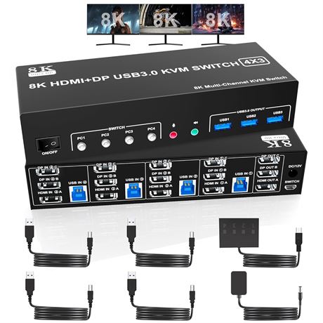 KVM Switch 3-Monitor for 4 Computers, 2x DP 1.4 + HDMI 2.1, USB3.0