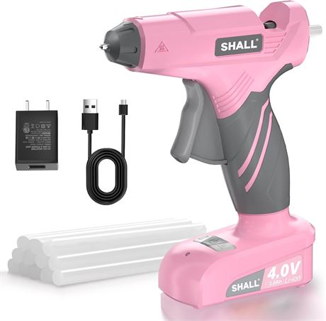 SHALL 4V Cordless Hot Glue Gun Kit, 12 Mini Sticks, 2Ah Battery - Pink