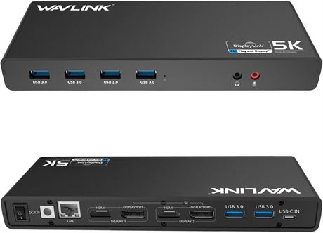 Wavlink 5K USB-C Docking Station Dual HDMI DisplayPort Gigabit 6xUSB Audio Mic