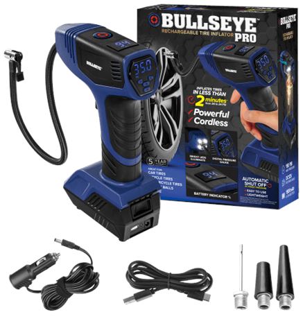 Bullseye Pro Rechargeable Tire Inflator, Portable Air Pump, Blue