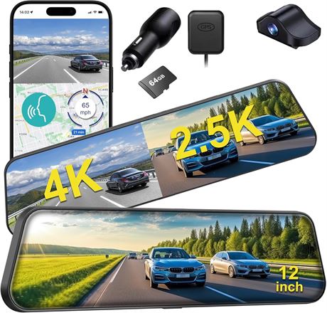 12' 4K Rear View Mirror Camera, 4K+2.5K Front/Rear Dash Cam, BSD GPS WiFi