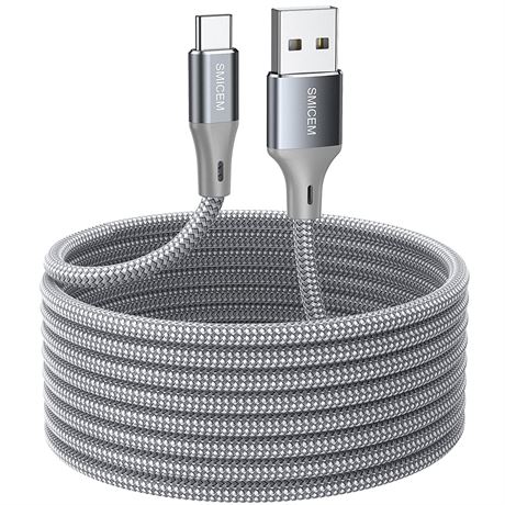 Câble USB-C 5m nylon gris, charge rapide, Galaxy/iPhone/Android