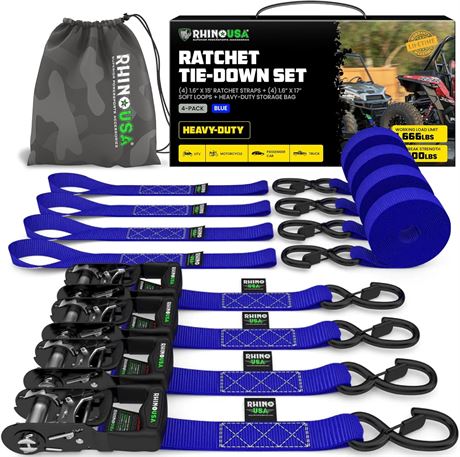 Rhino USA Heavy Duty Ratchet Straps 4-Pack 1.6"x15', 5208lb Break Strength Blue