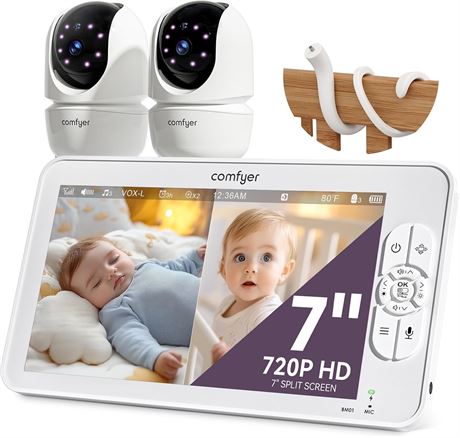 Comfyer 7" Baby Monitor with 2 Cameras, VOX, 2-Way Audio, PTZ, No Wi-Fi
