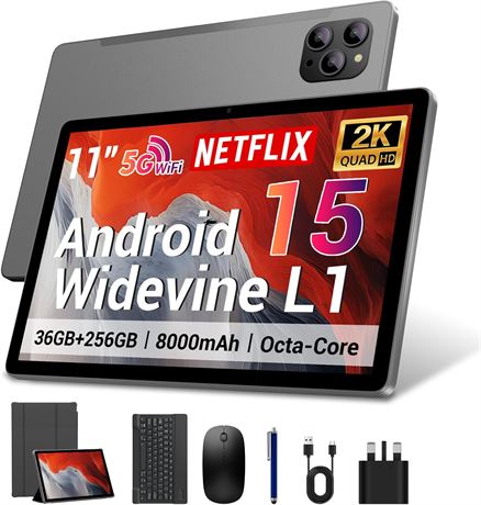 Android 15 Tablet 11" with Keyboard, 2K IPS, 8-Core, 8+13MP, 36GB+256GB, GMS