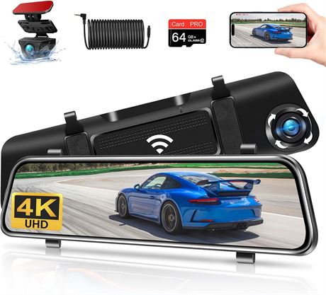 12 inch 4K Rear View Mirror Camera WiFi Dashcam 2160P WDR 64GB