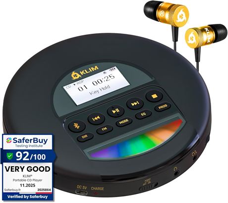 KLIM Nomad Portable CD Player, Long-Lasting Battery, FM Radio, TF Card