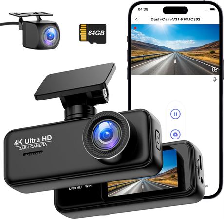 Dashcam 4K avant/arrière WiFi 1.97" vision nuit boucle enregistrement