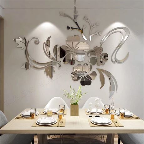 Autocollants Muraux 3D Fleurs Miroir Argent Déco Salon Chambre