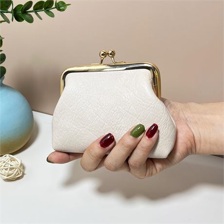 Mini portefeuille femme vintage PU, blanc, fermoir baiser