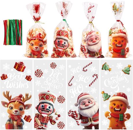 CCINEE 120pcs Christmas Treat Bags with Twist Ties, Clear Plastic Gift Bags