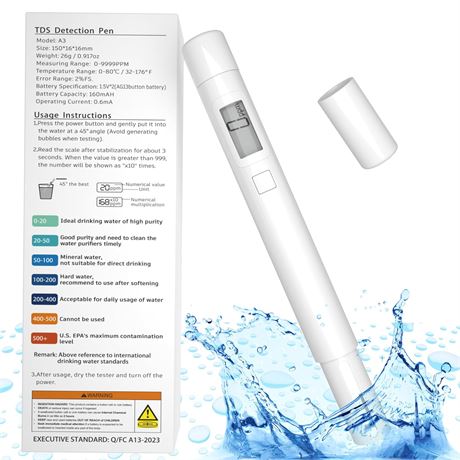TDS Water Hardness Tester 0-9999ppm, 2% FS, Digital TDS Meter for Drinking Water