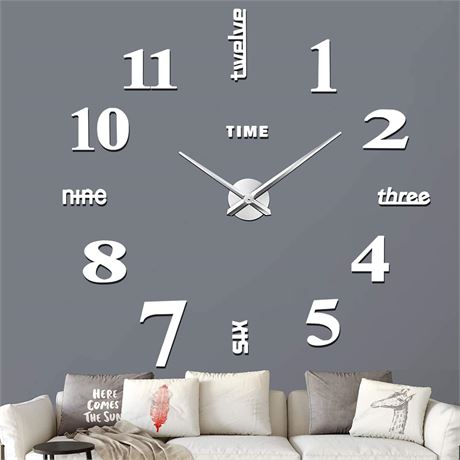 VREAONE Frameless DIY Wall Clock, 3D Mirror Design for Home Decor
