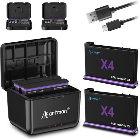 Artman Battery 2-Pack + Fast Charger for Insta360 X4 Action Camera 2500mAh