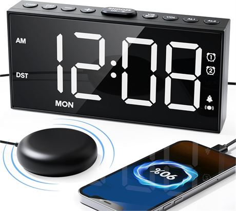 Loud Vibrating Alarm Clock 10000RPM Bed Shaker, 7.5" LED Dual Alarm, USB Port