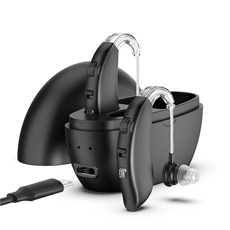 Aides auditives rechargeables réduction bruit étui noir