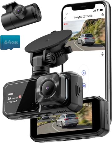 4K Dash Cam Front and Rear, Dual Camera for Cars, 64GB SD Card