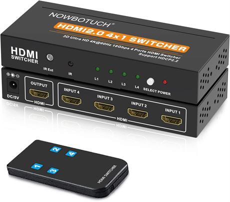 NOWBOTUCH 4K HDMI Switch 4x1 Selector Box HDR IR Remote UHD Dolby Vision