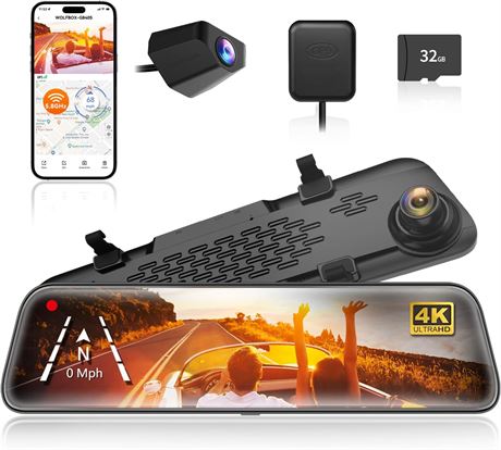 WOLFBOX G840S 12" 4K Mirror Dash Cam Backup Camera WiFi GPS 32GB