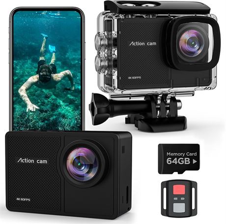 Cam ra d'action 4K60fps  tanche WiFi EIS 40 m, 48 MP, 2 batteries 1350 mAh