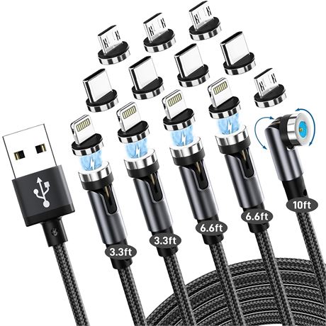 Magnetic Charging Cable 5-Pack, 3-in-1 iPhone/USB-C/Micro USB, Nylon Braided