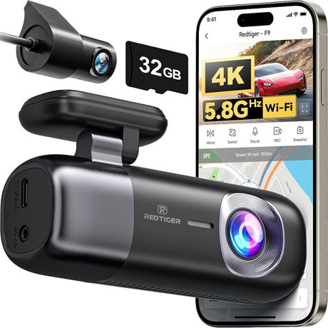 REDTIGER F9 Dash Cam 4K Front/Rear 1080P, WiFi GPS, 32GB, 256GB Max