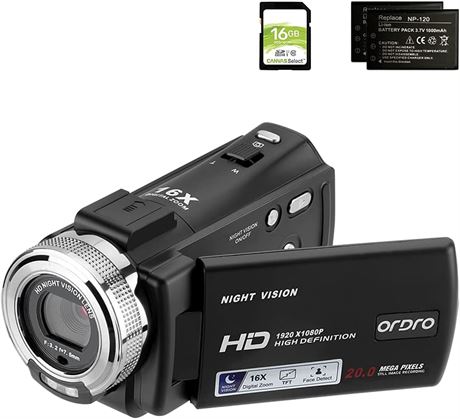 Caméscope ORDRO HDV-V12 1080P Vision Nocturne IR Carte 16 Go 2 Batteries