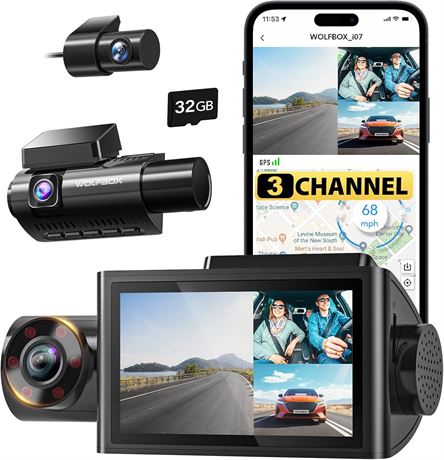 WOLFBOX i07 3-Channel Dash Cam, 4K+1080P Front/Inside, 3in LCD
